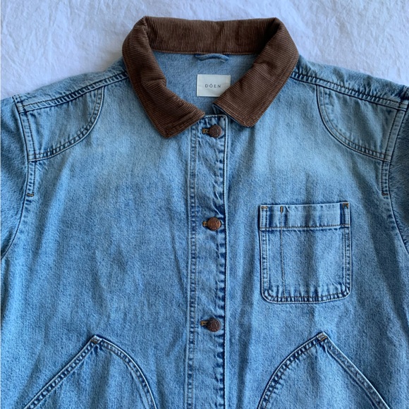 NWT Doen Pascual Cotton Denim Jean Corduroy Collar Barn Jacket Deveraux Wash - Picture 9 of 14